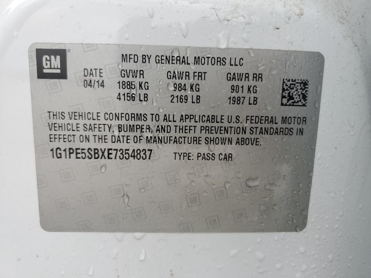 2014 Chevrolet Cruze Lt VIN: 1G1PE5SBXE7354837 Lot: 57087935