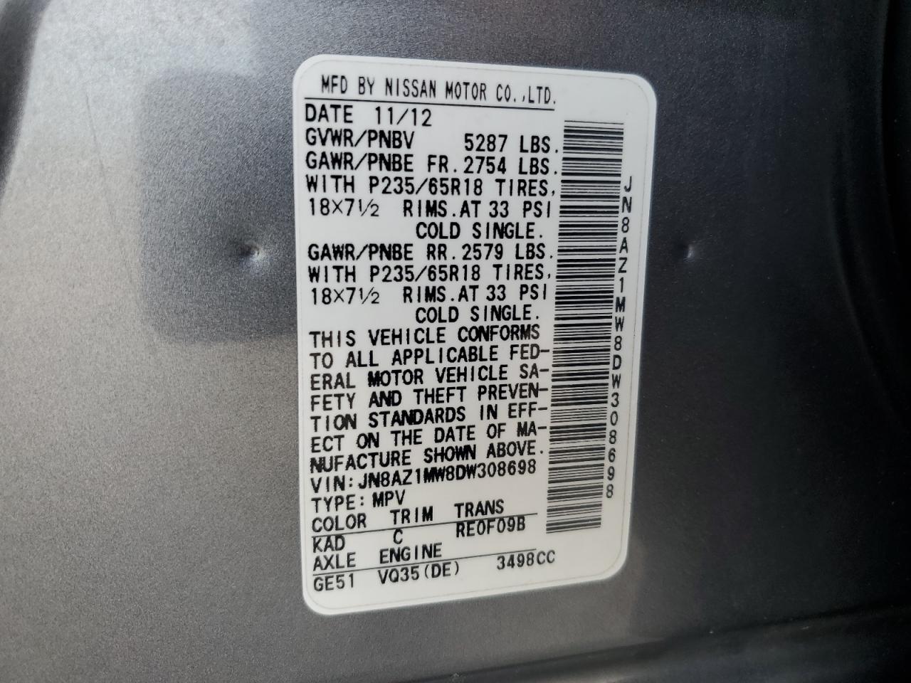 2013 Nissan Murano S VIN: JN8AZ1MW8DW308698 Lot: 56302375