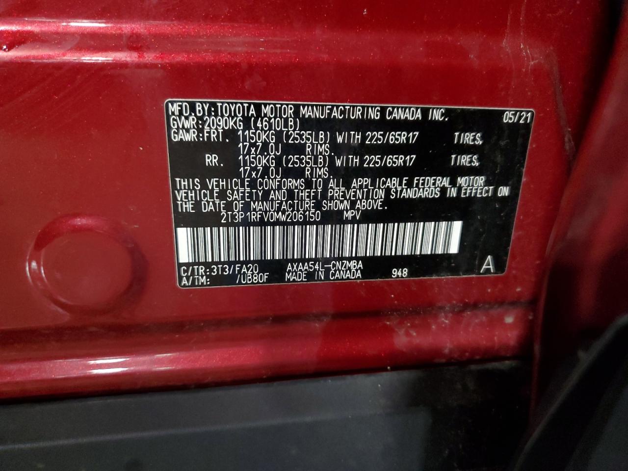 2021 Toyota Rav4 Xle VIN: 2T3P1RFV0MW206150 Lot: 57172615