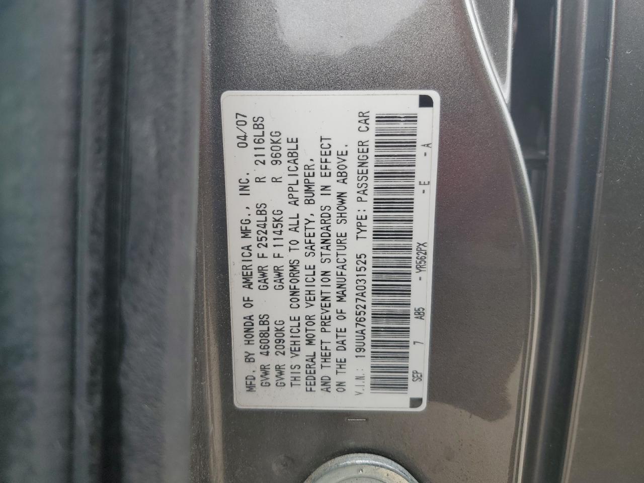 2007 Acura Tl Type S VIN: 19UUA76527A031525 Lot: 56728695