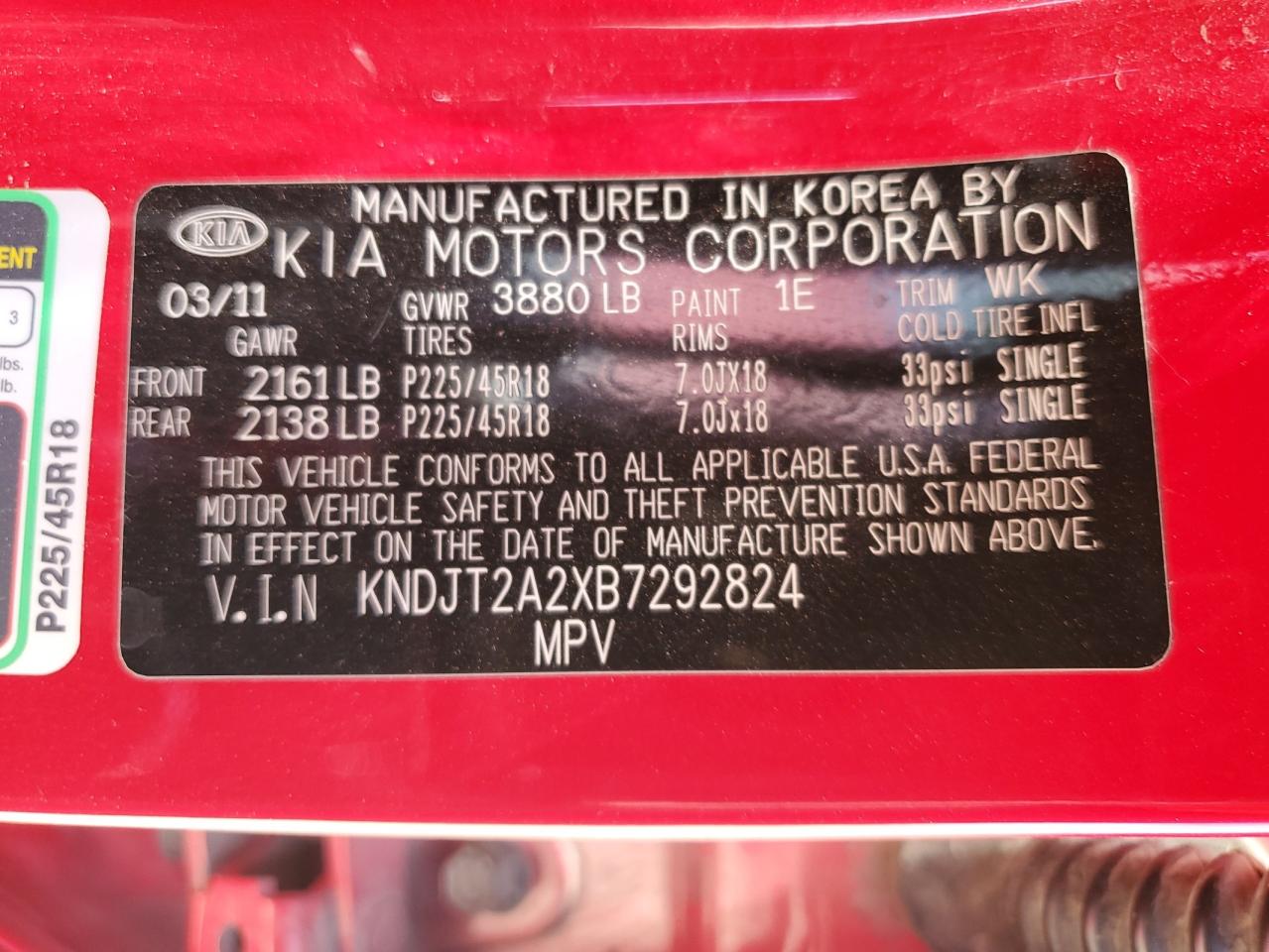 2011 Kia Soul + VIN: KNDJT2A2XB7292824 Lot: 59192785