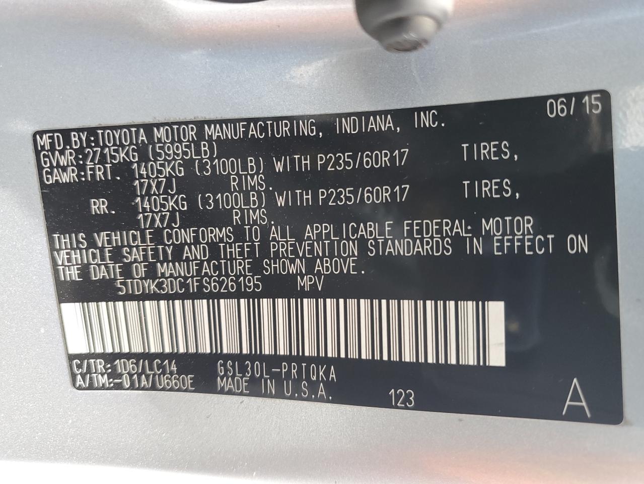 2015 Toyota Sienna Xle VIN: 5TDYK3DC1FS626195 Lot: 56937525