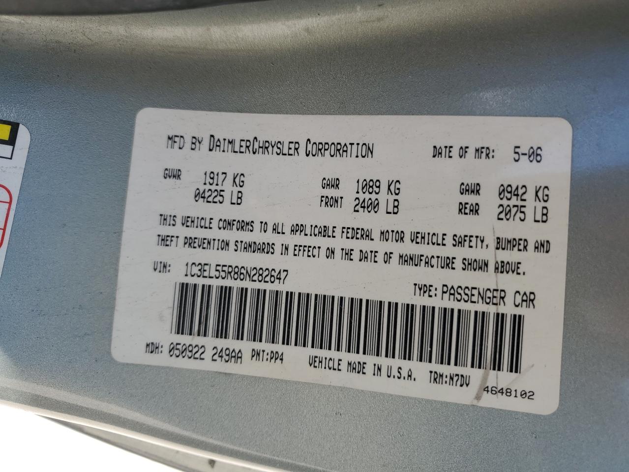 2006 Chrysler Sebring Touring VIN: 1C3EL55R86N282647 Lot: 56222535