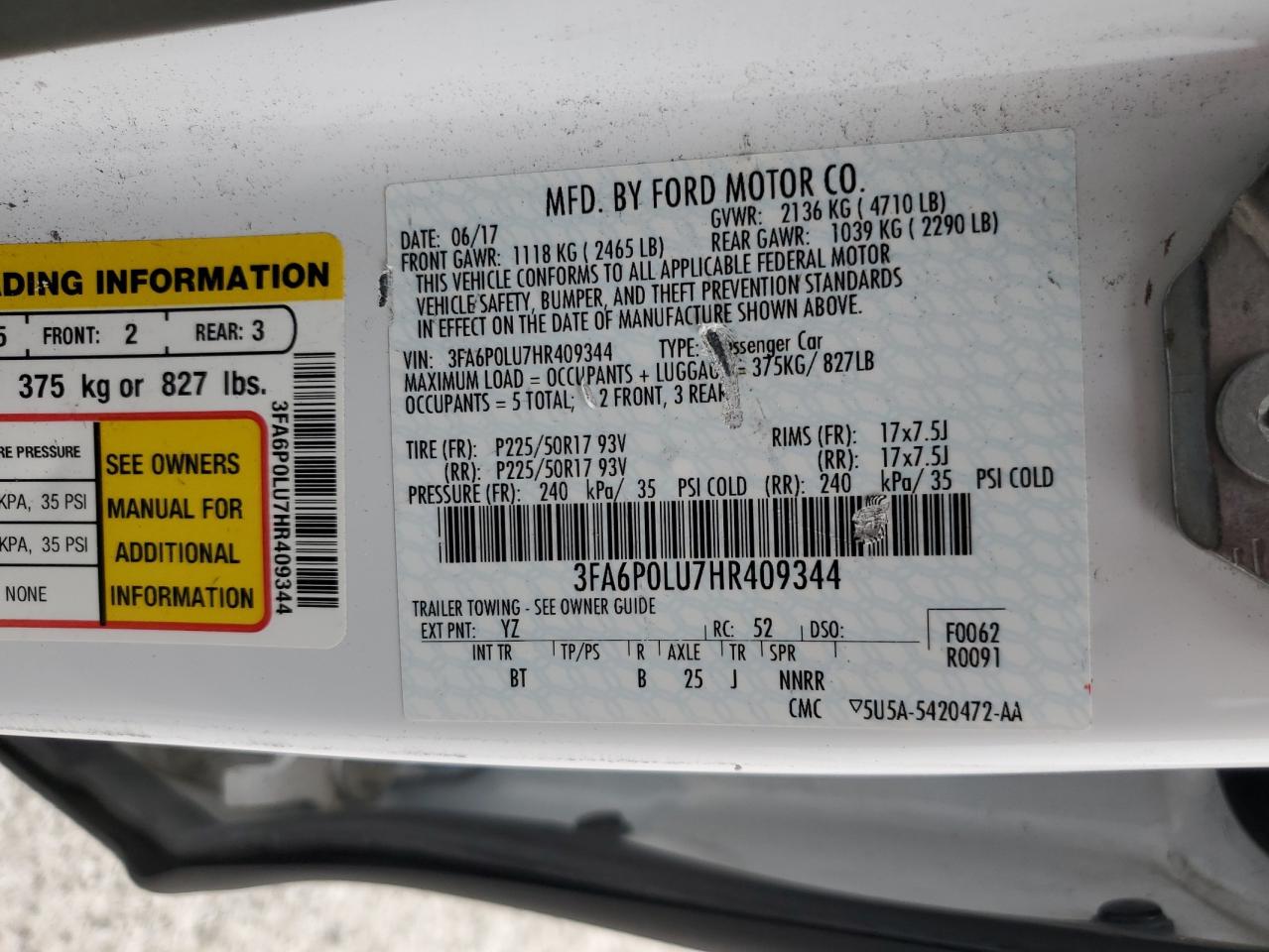 2017 Ford Fusion Se Hybrid VIN: 3FA6P0LU7HR409344 Lot: 54035395