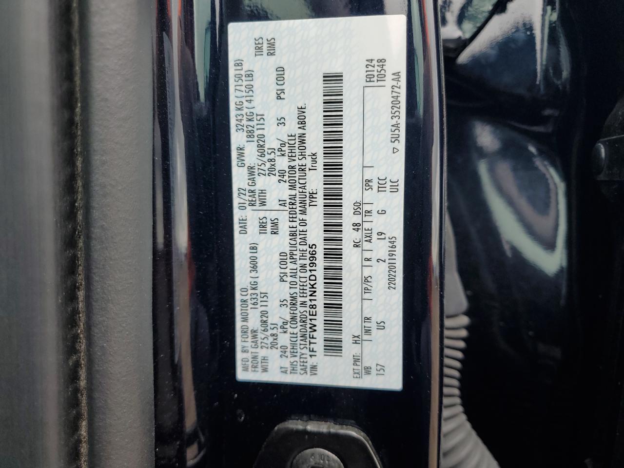 2022 Ford F150 Supercrew VIN: 1FTFW1E81NKD19965 Lot: 56588635