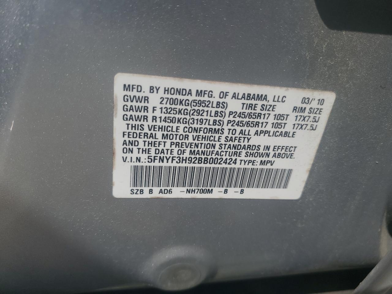 2011 Honda Pilot Touring VIN: 5FNYF3H92BB002424 Lot: 56396085