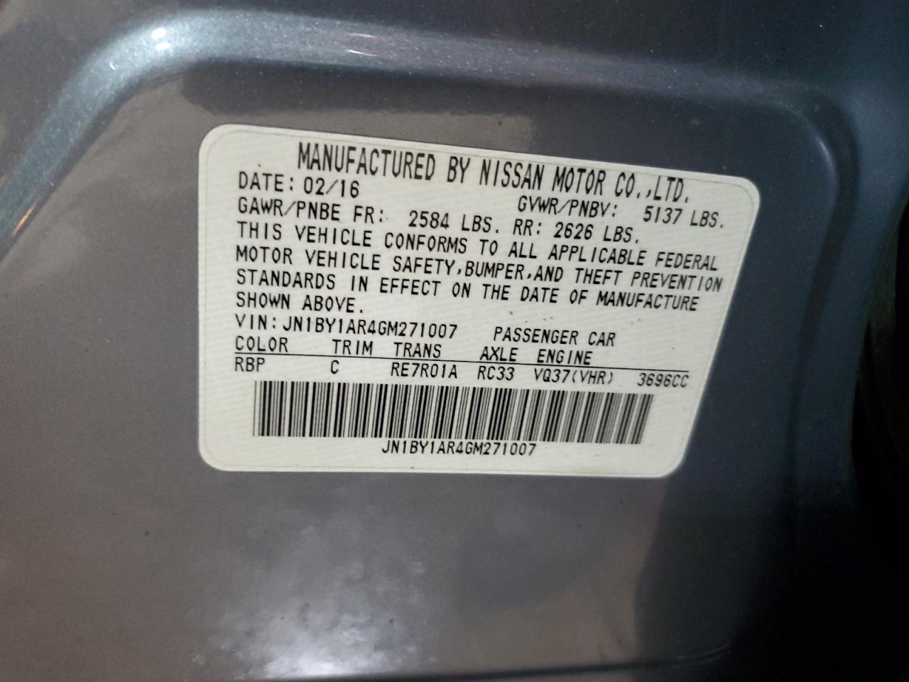 2016 Infiniti Q70 3.7 VIN: JN1BY1AR4GM271007 Lot: 56108115