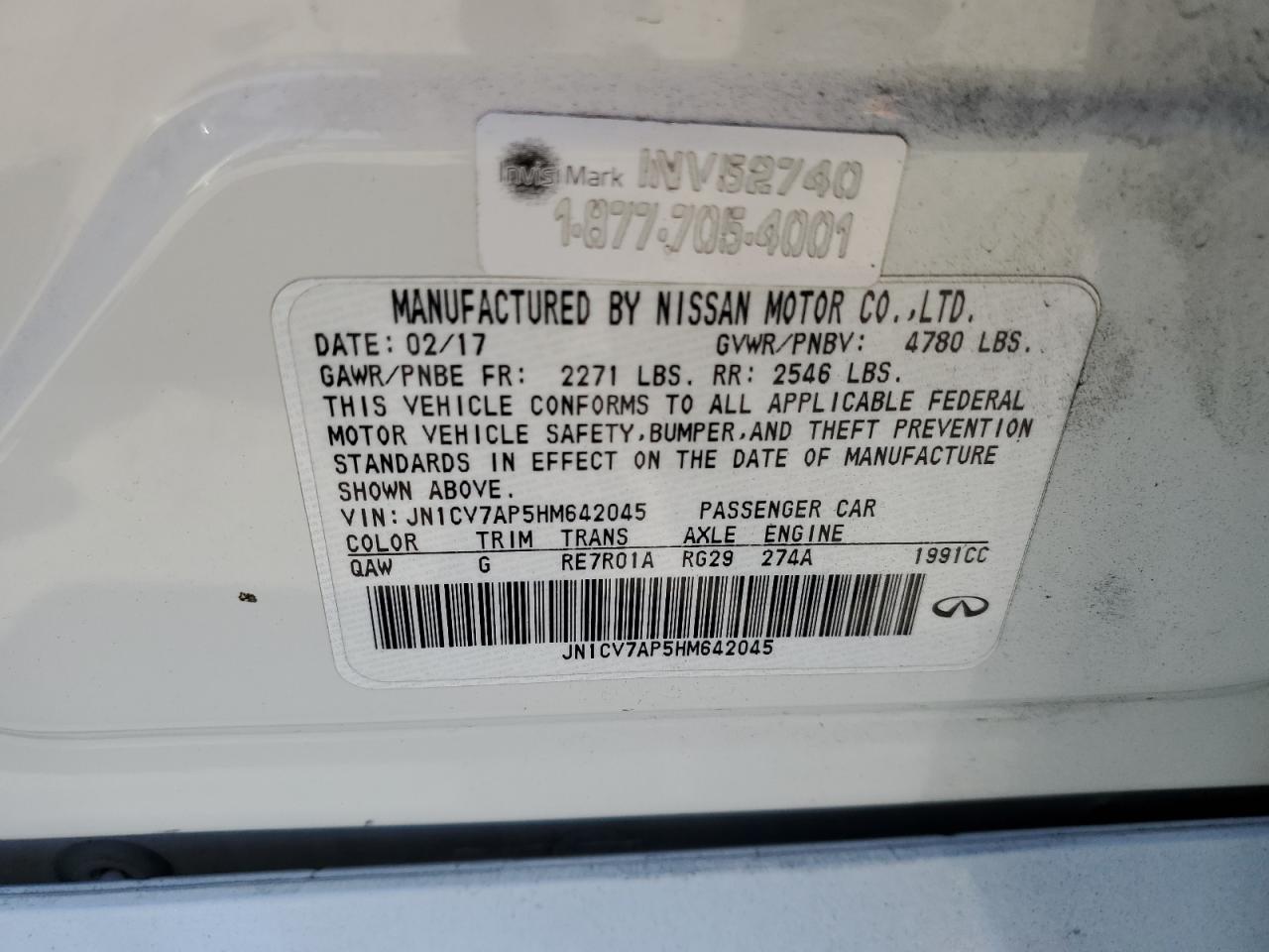 2017 Infiniti Q50 Base VIN: JN1CV7AP5HM642045 Lot: 69870395