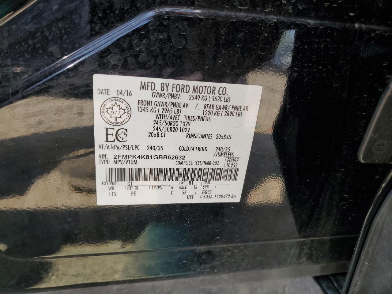 2016 Ford Edge Titanium VIN: 2FMPK4K81GBB62632 Lot: 56498955