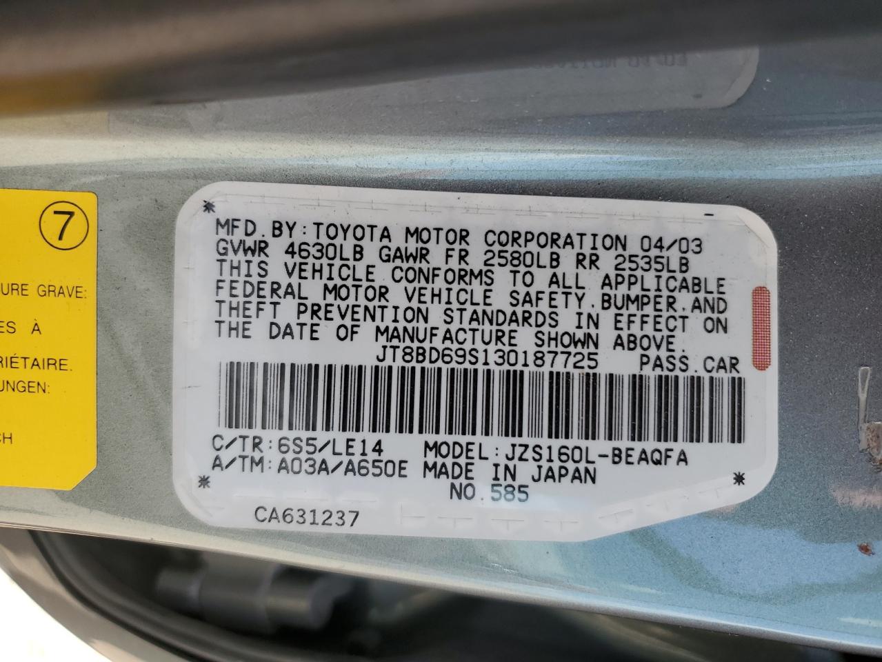 2003 Lexus Gs 300 VIN: JT8BD69S130187725 Lot: 56814215