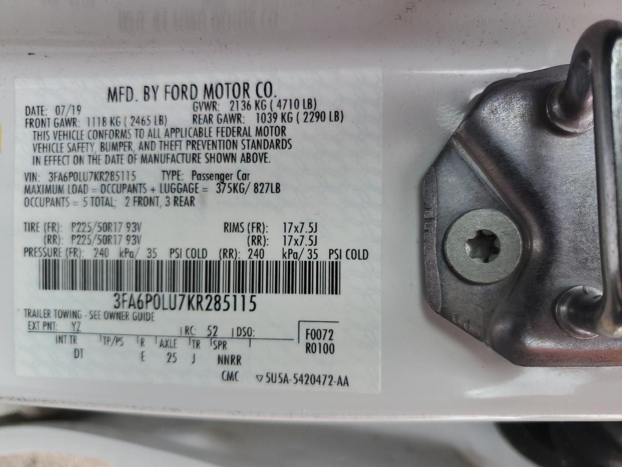 2019 Ford Fusion Se VIN: 3FA6P0LU7KR285115 Lot: 54029855