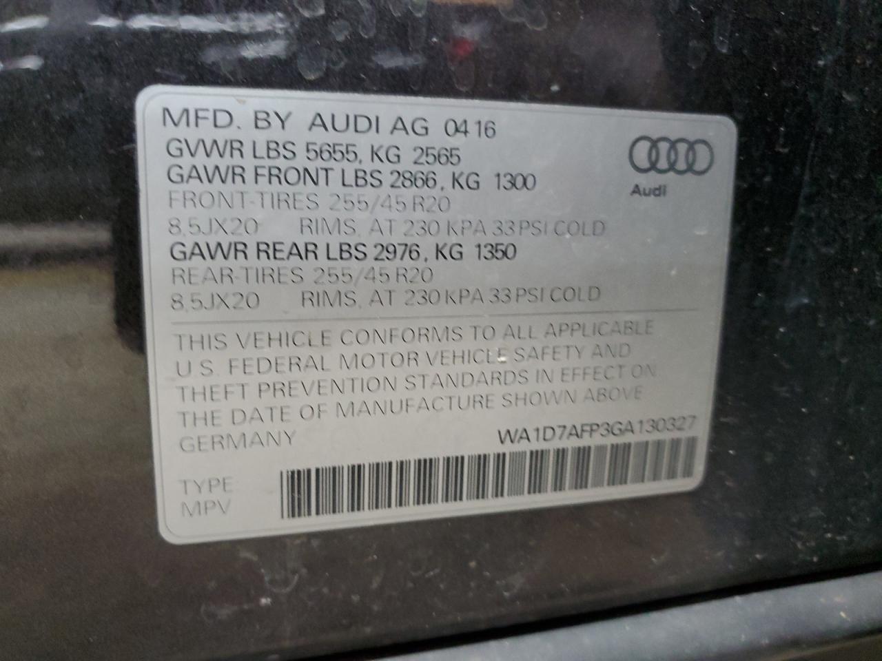 2016 Audi Q5 Premium Plus S-Line VIN: WA1D7AFP3GA130327 Lot: 57297705