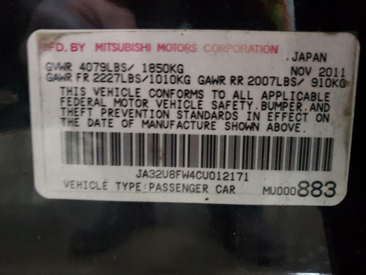 2012 Mitsubishi Lancer Gt VIN: JA32U8FW4CU012171 Lot: 56027775