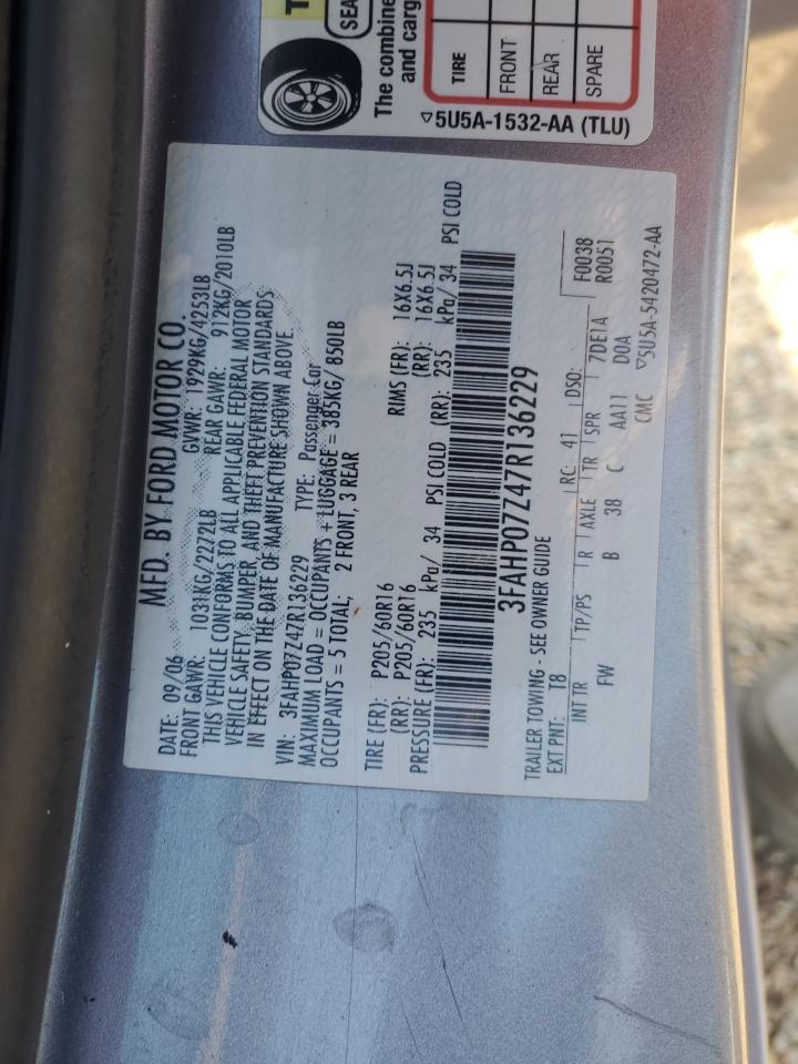 2007 Ford Fusion Se VIN: 3FAHP07Z47R136229 Lot: 57036385