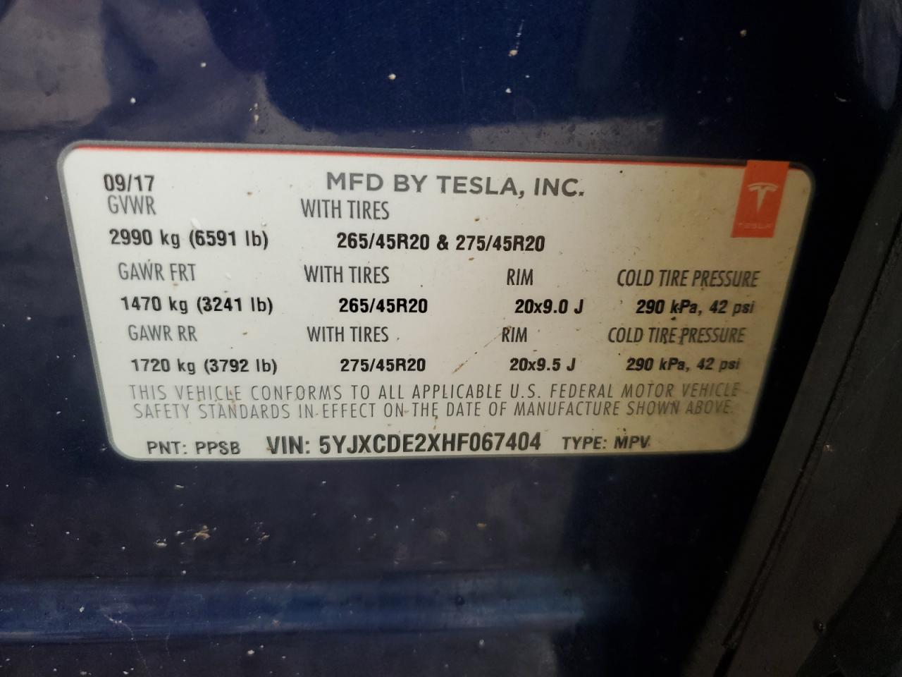 2017 Tesla Model X VIN: 5YJXCDE2XHF067404 Lot: 58556245