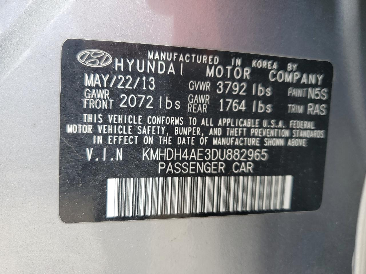 2013 Hyundai Elantra Gls VIN: KMHDH4AE3DU882965 Lot: 57071895