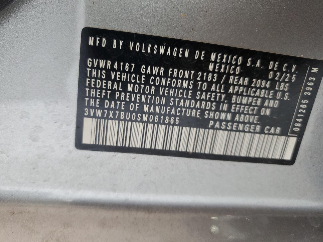 2025 Volkswagen Jetta Se VIN: 3VW7X7BU0SM061865 Lot: 56521935
