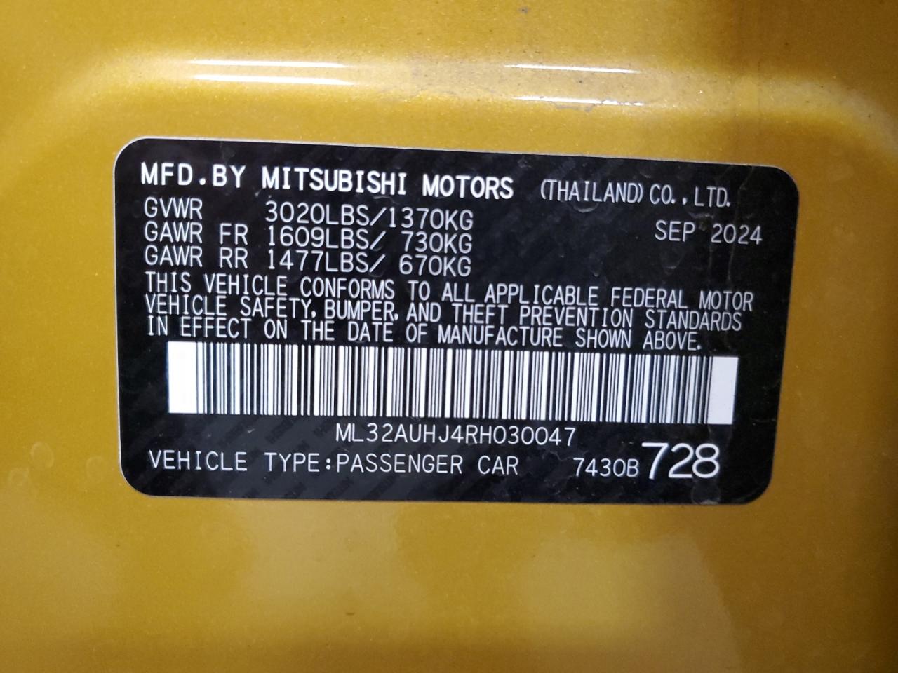 2024 Mitsubishi Mirage Es VIN: ML32AUHJ4RH030047 Lot: 56306125
