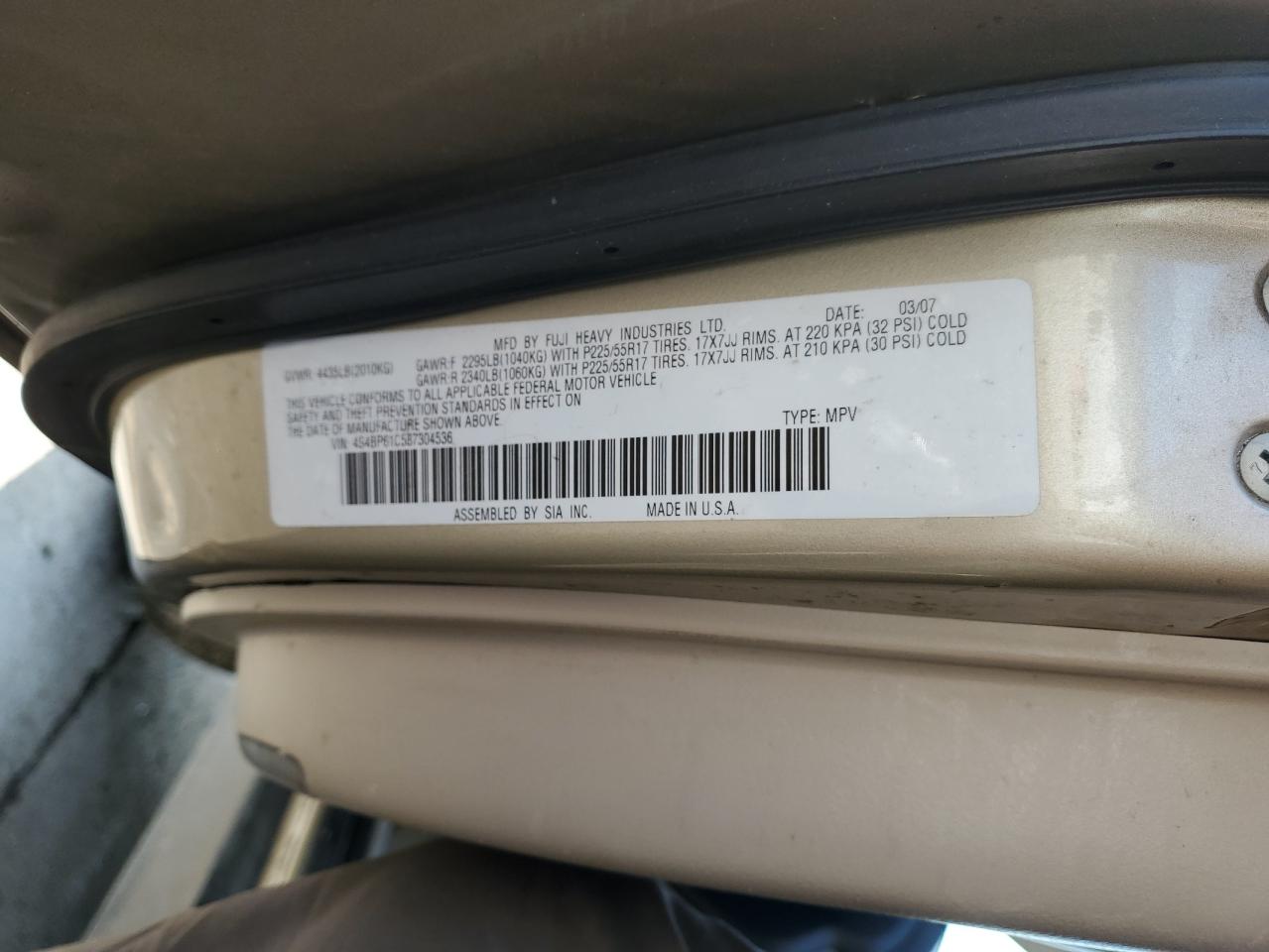 2008 Subaru Outback 2.5I VIN: 4S4BP61C587304536 Lot: 56245405