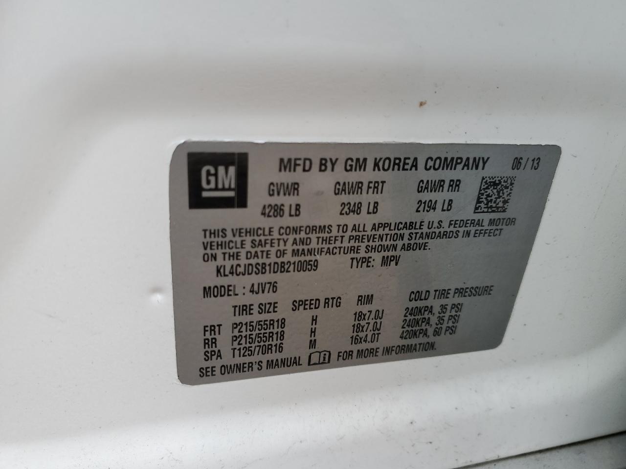 2013 Buick Encore Premium VIN: KL4CJDSB1DB210059 Lot: 55459685