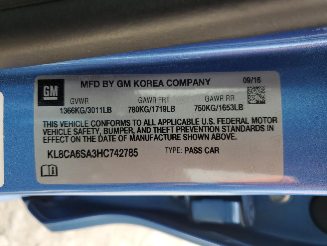 2017 Chevrolet Spark Ls VIN: KL8CA6SA3HC742785 Lot: 57151985