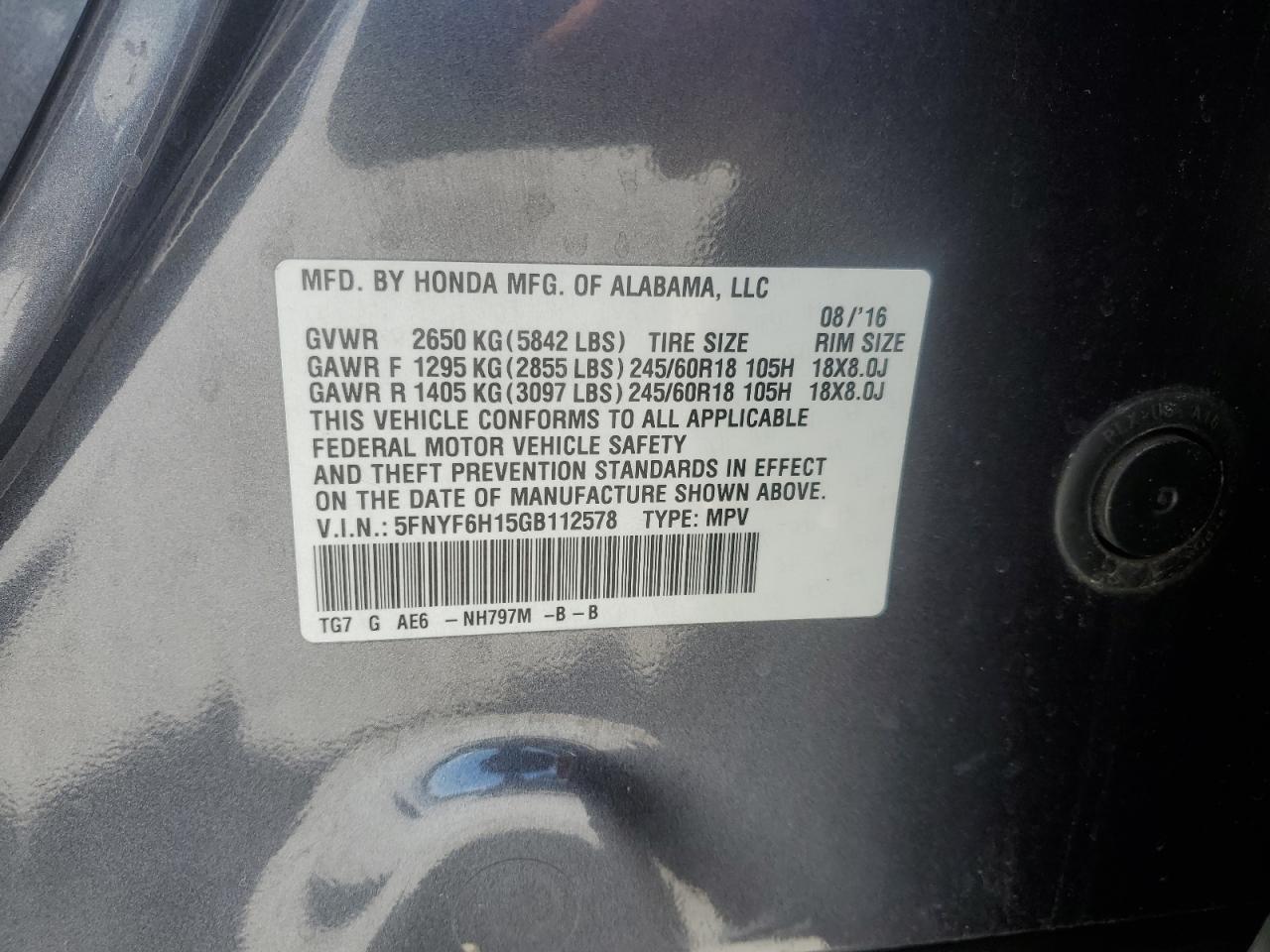 2016 Honda Pilot Lx VIN: 5FNYF6H15GB112578 Lot: 58371305