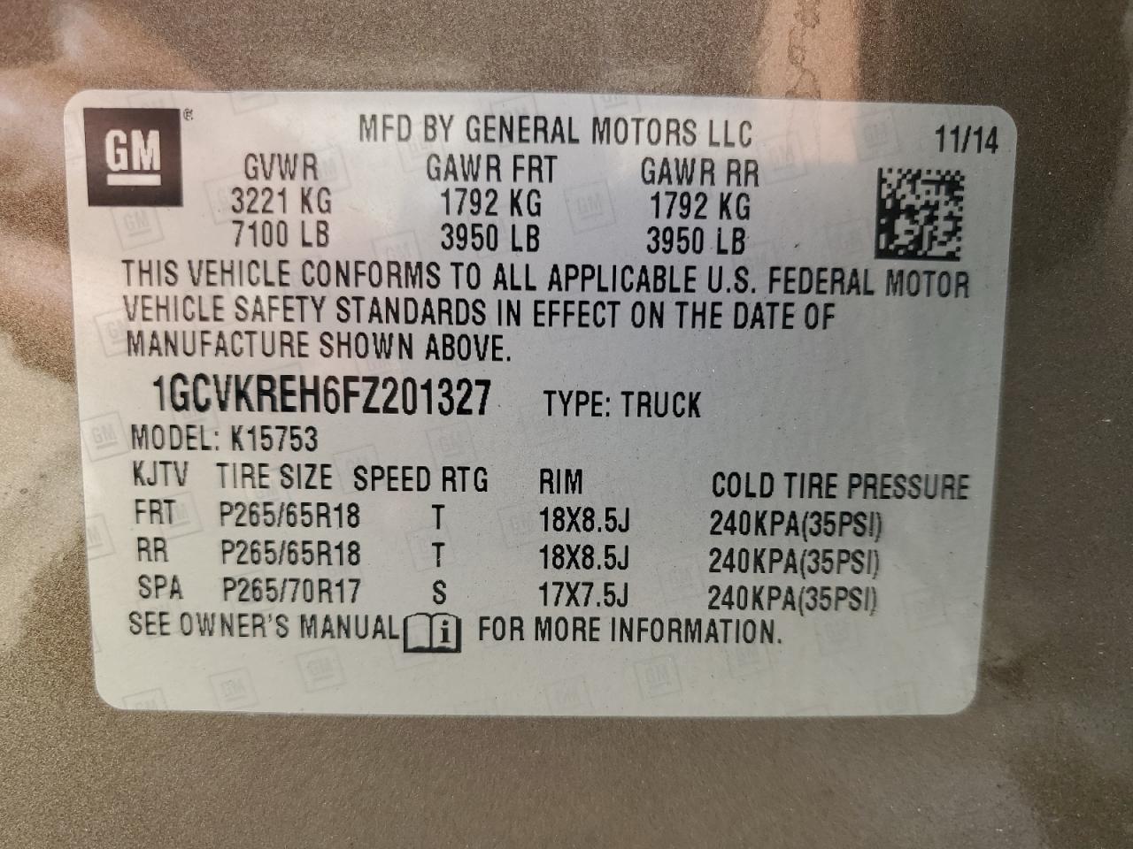 2015 Chevrolet Silverado K1500 Lt VIN: 1GCVKREH6FZ201327 Lot: 57525555