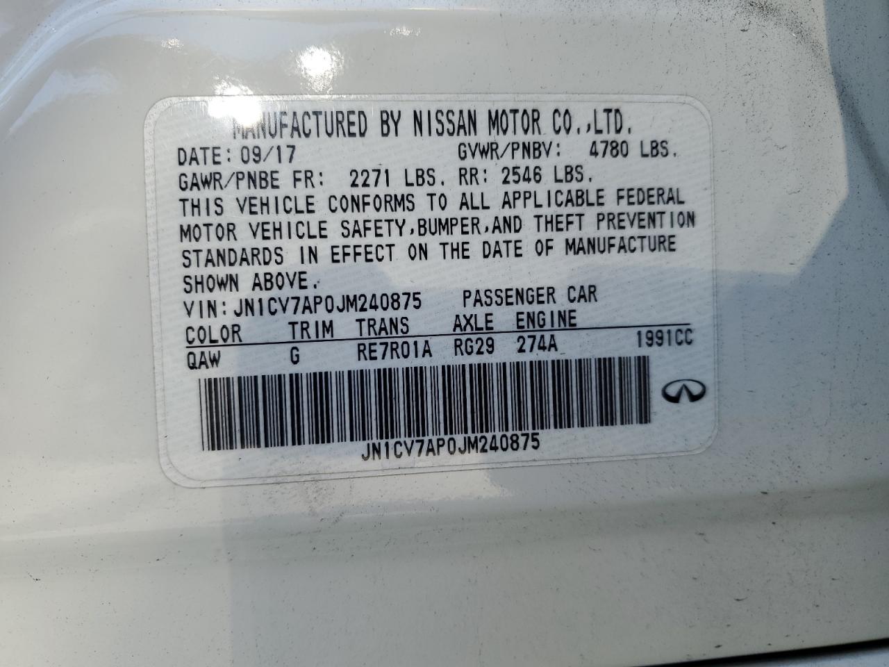 2018 Infiniti Q50 Pure VIN: JN1CV7AP0JM240875 Lot: 58601835