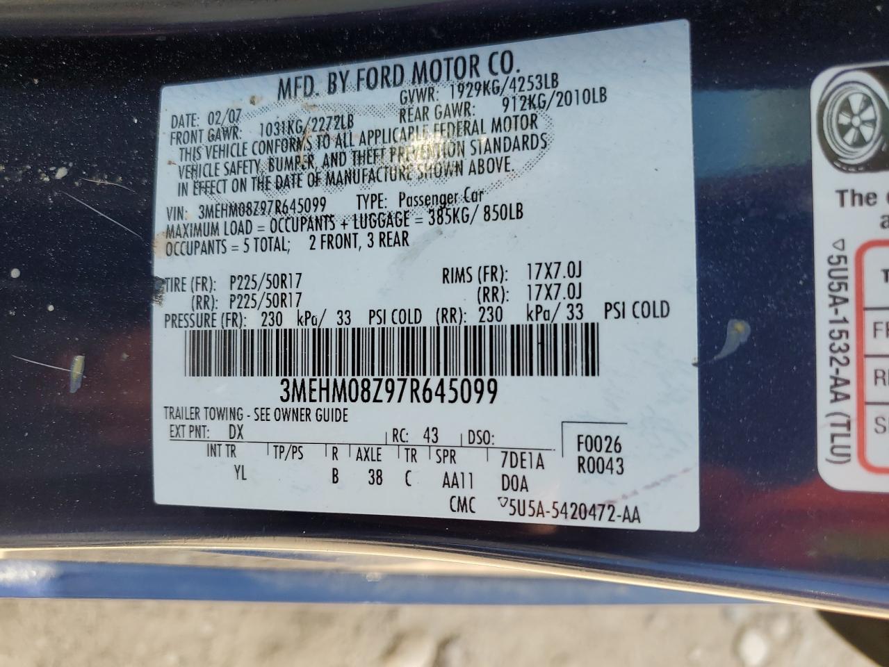 2007 Mercury Milan Premier VIN: 3MEHM08Z97R645099 Lot: 56129915