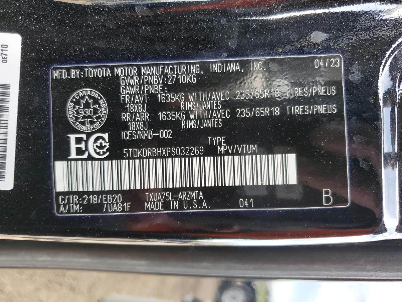2023 Toyota Highlander L VIN: 5TDKDRBHXPS032269 Lot: 57122325