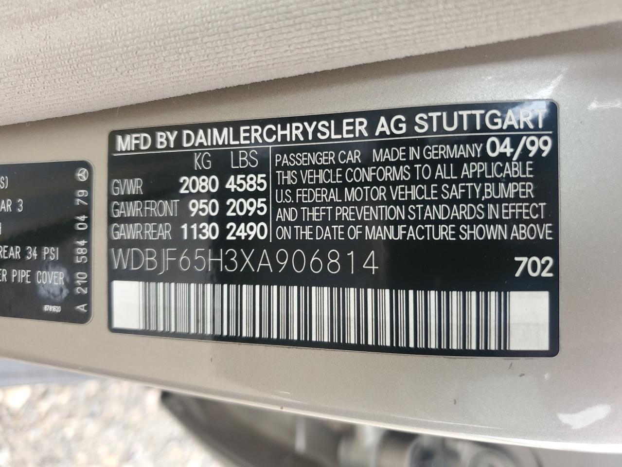 1999 Mercedes-Benz E 320 VIN: WDBJF65H3XA906814 Lot: 56183905