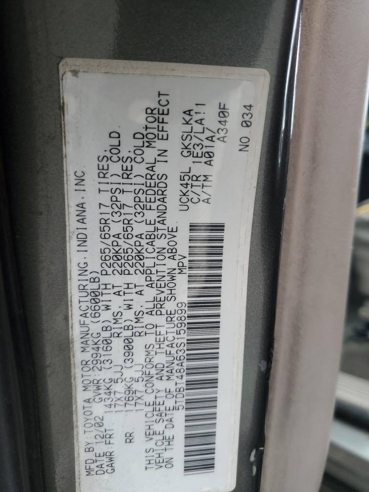 2003 Toyota Sequoia Limited VIN: 5TDBT48A63S159899 Lot: 56359765