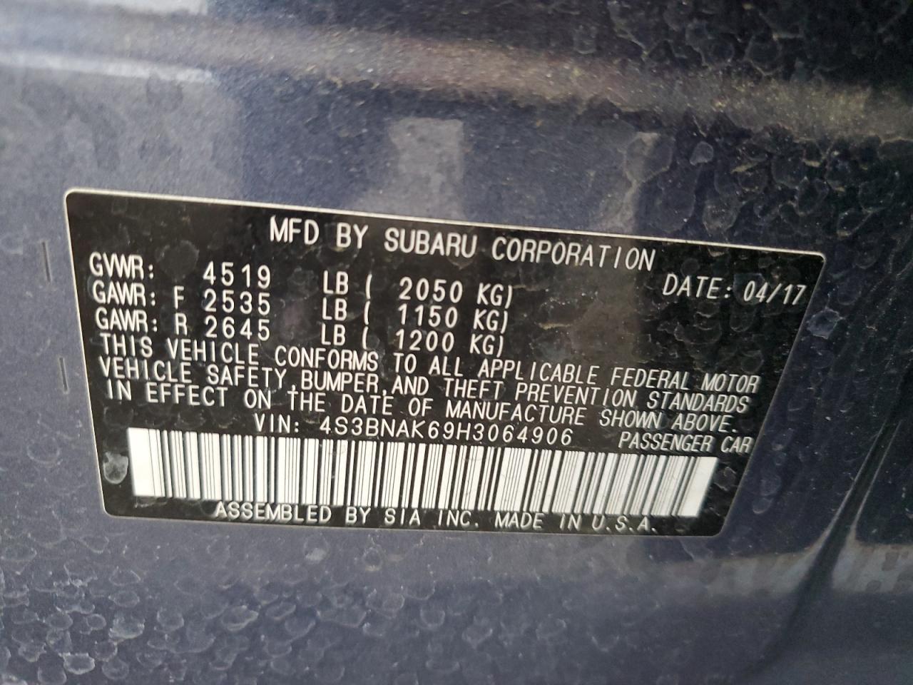 2017 Subaru Legacy 2.5I Limited VIN: 4S3BNAK69H3064906 Lot: 56992725
