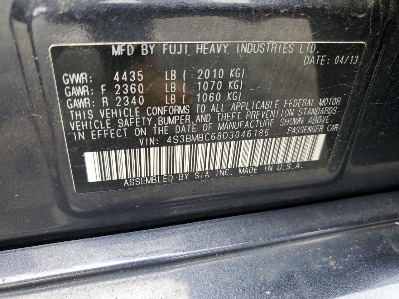 2013 Subaru Legacy 2.5I Premium VIN: 4S3BMBC68D3046186 Lot: 58581765