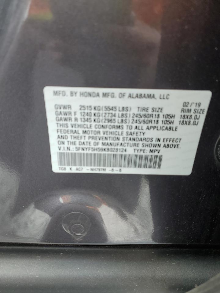 2019 Honda Pilot Exl VIN: 5FNYF5H59KB028124 Lot: 57065075