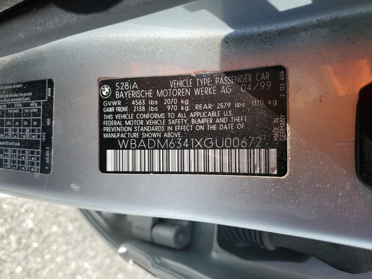 1999 BMW 528 I Automatic VIN: WBADM6341XGU00672 Lot: 56941905