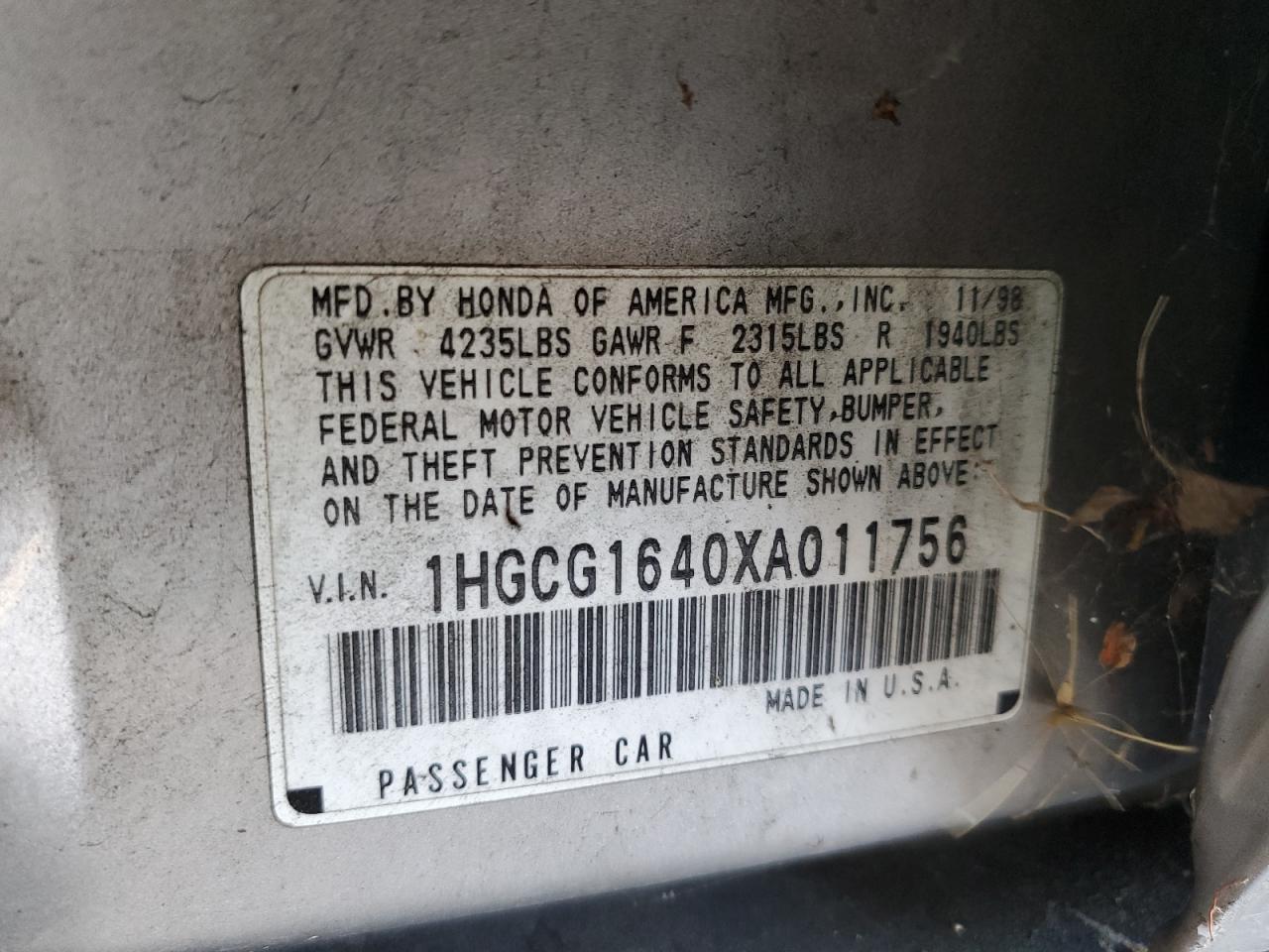 1999 Honda Accord Lx VIN: 1HGCG1640XA011756 Lot: 56797175