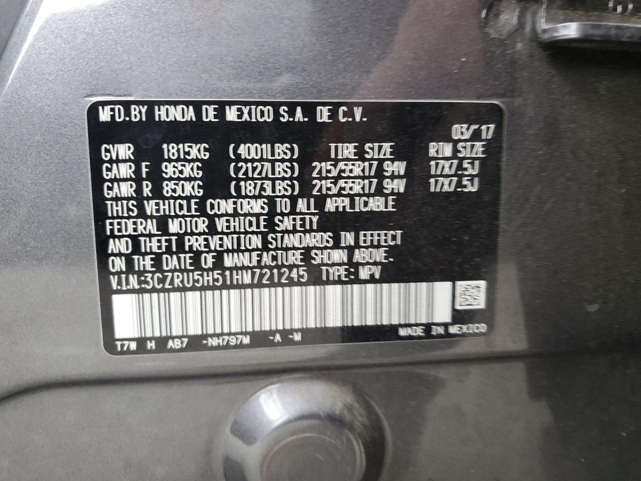 2017 Honda Hr-V Ex VIN: 3CZRU5H51HM721245 Lot: 55863265
