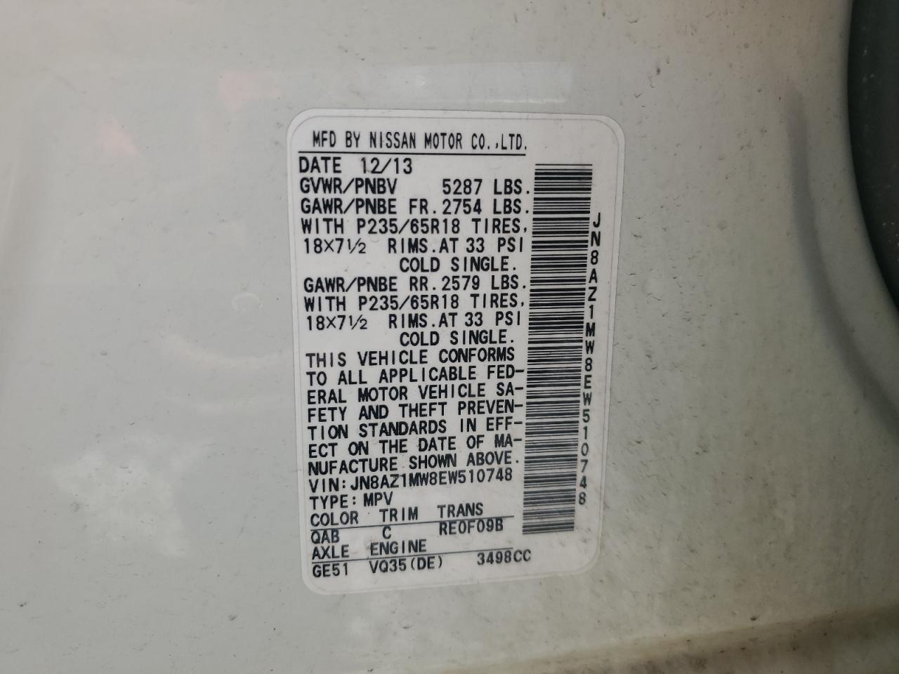 2014 Nissan Murano S VIN: JN8AZ1MW8EW510748 Lot: 56652245