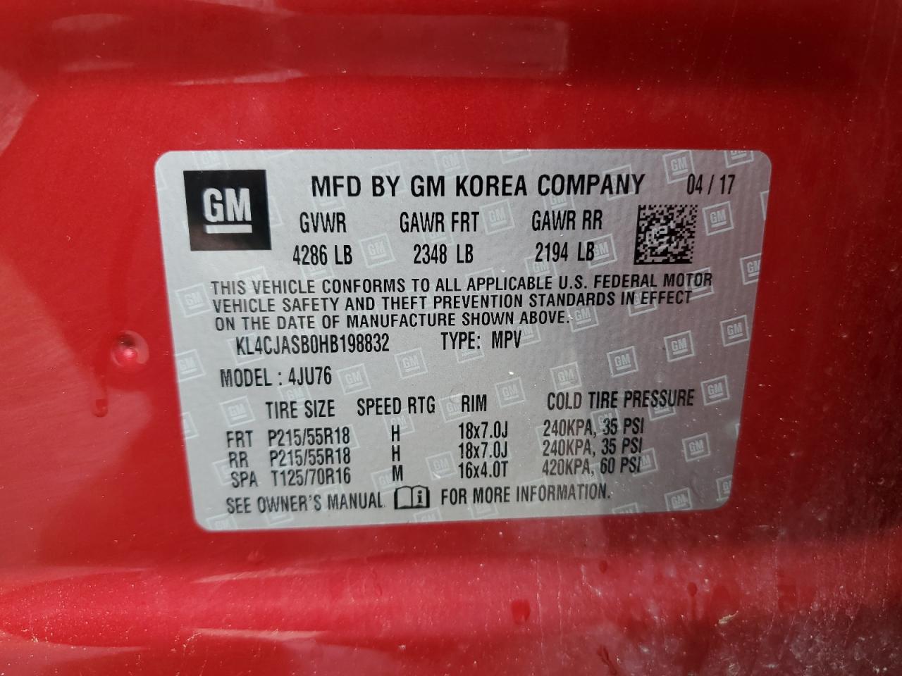 2017 Buick Encore Preferred VIN: KL4CJASB0HB198832 Lot: 57216495