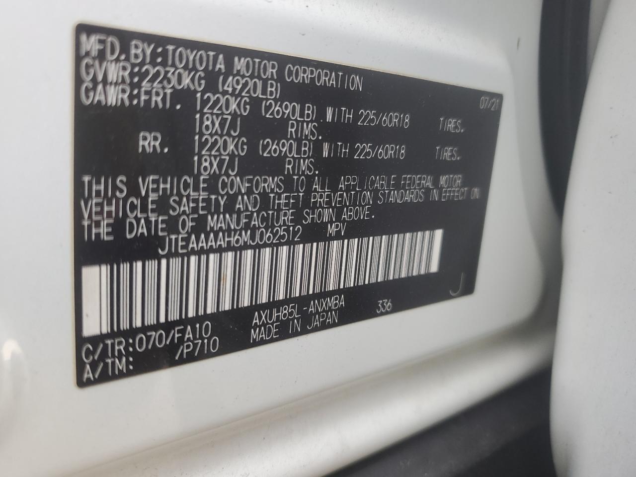 2021 Toyota Venza Le VIN: JTEAAAAH6MJ062512 Lot: 55456465