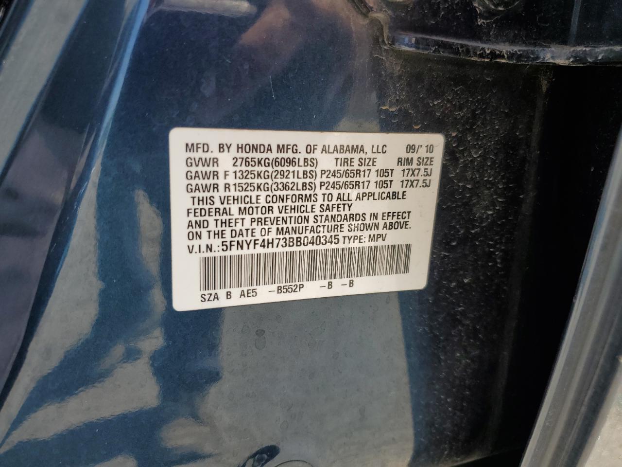 2011 Honda Pilot Exln VIN: 5FNYF4H73BB040345 Lot: 57292705