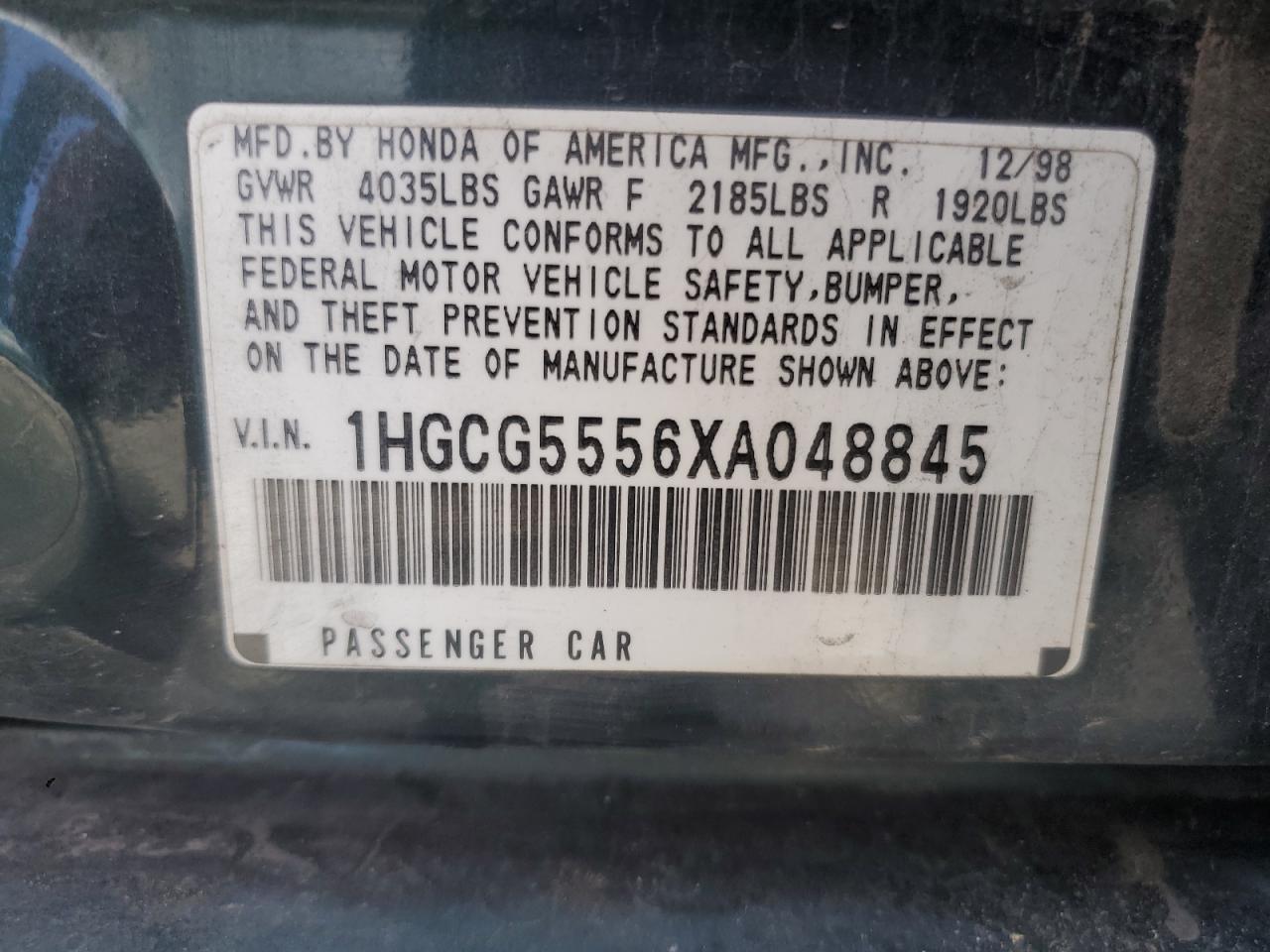 1999 Honda Accord Ex VIN: 1HGCG5556XA048845 Lot: 58376265