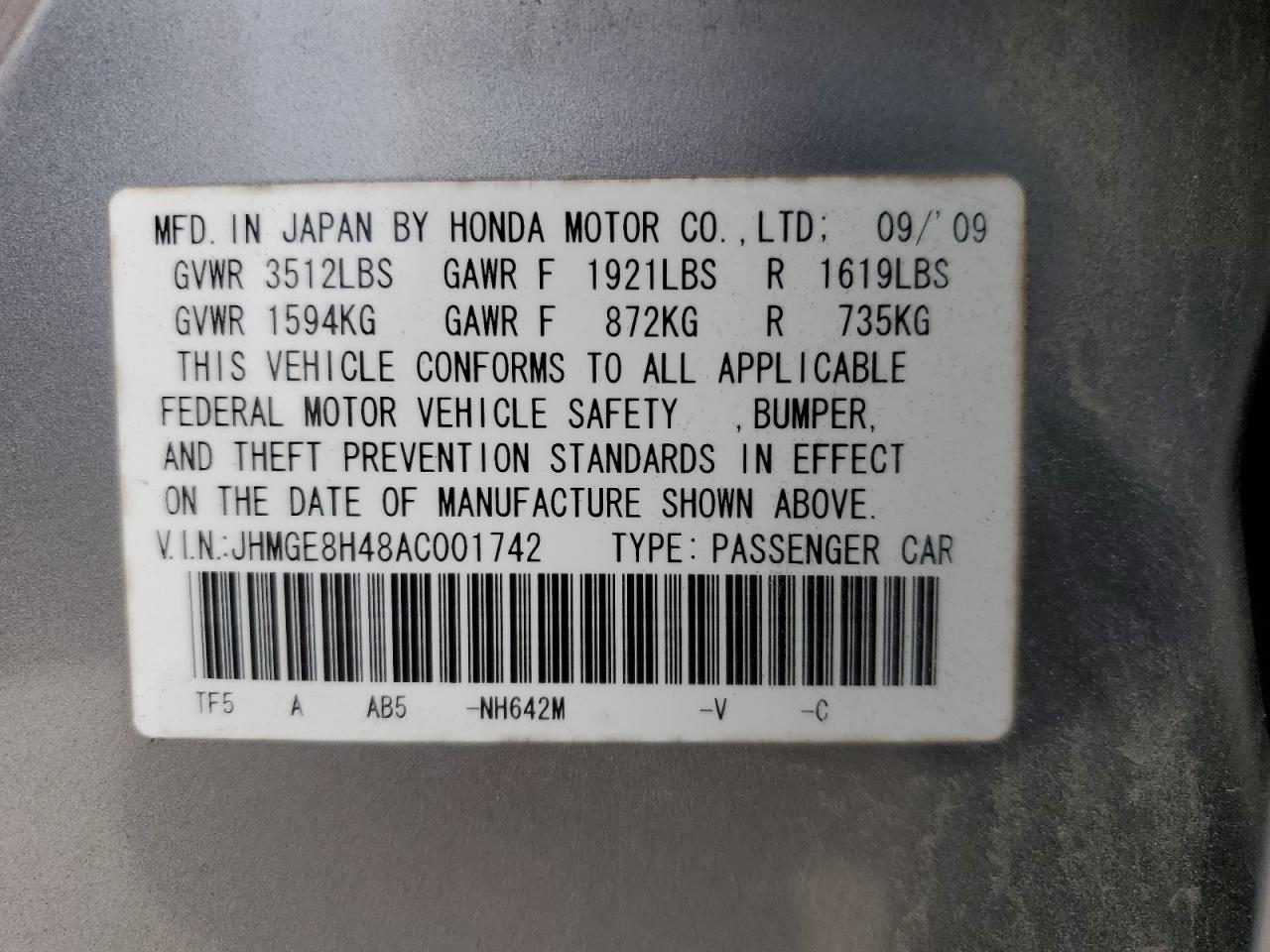 2010 Honda Fit Sport VIN: JHMGE8H48AC001742 Lot: 56788815