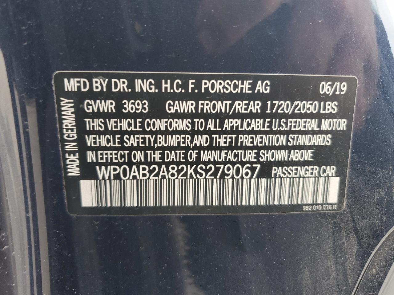 2019 Porsche Cayman S VIN: WP0AB2A82KS279067 Lot: 56923935
