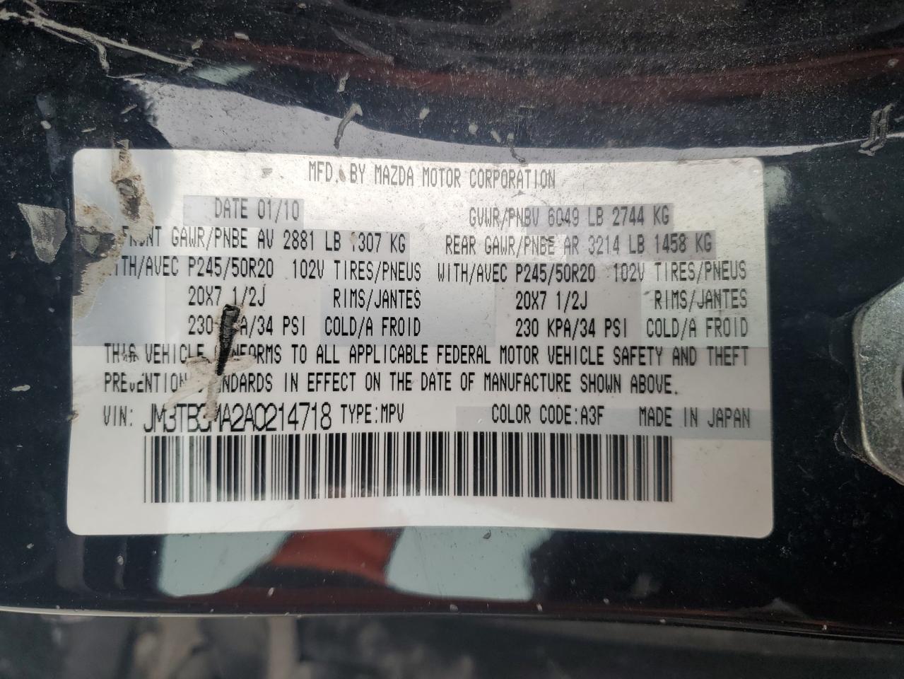 2010 Mazda Cx-9 VIN: JM3TB3MA2A0214718 Lot: 57957335