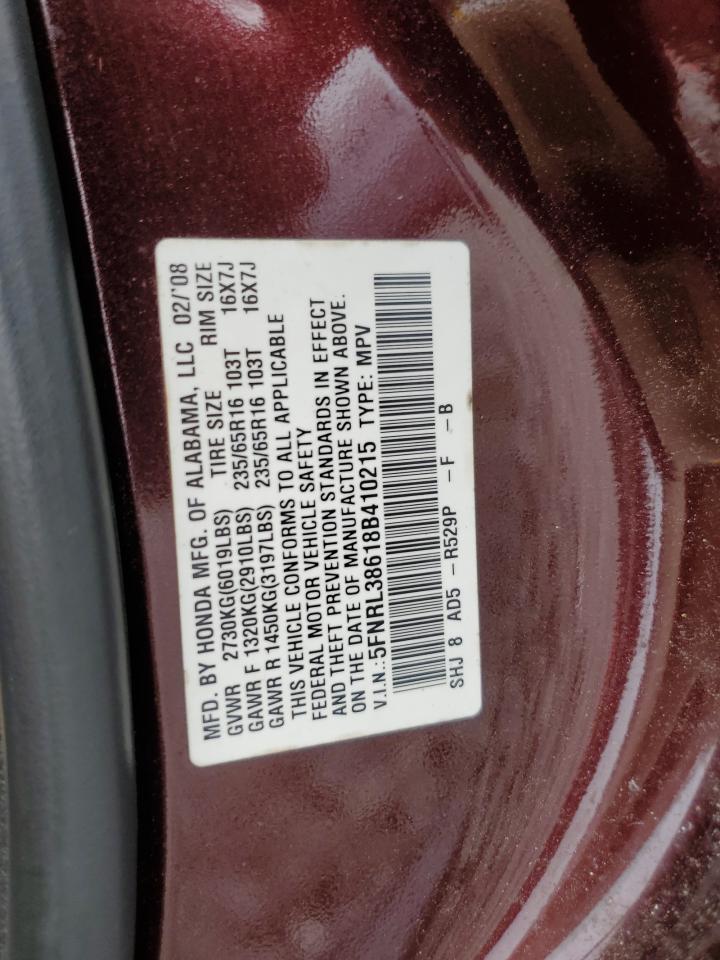 2008 Honda Odyssey Exl VIN: 5FNRL38618B410215 Lot: 56781385