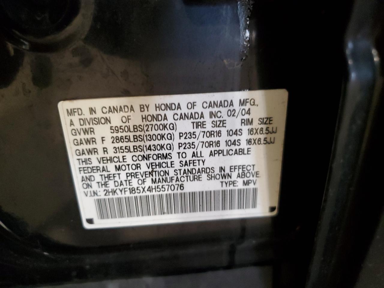 2004 Honda Pilot Exl VIN: 2HKYF185X4H557076 Lot: 54473465