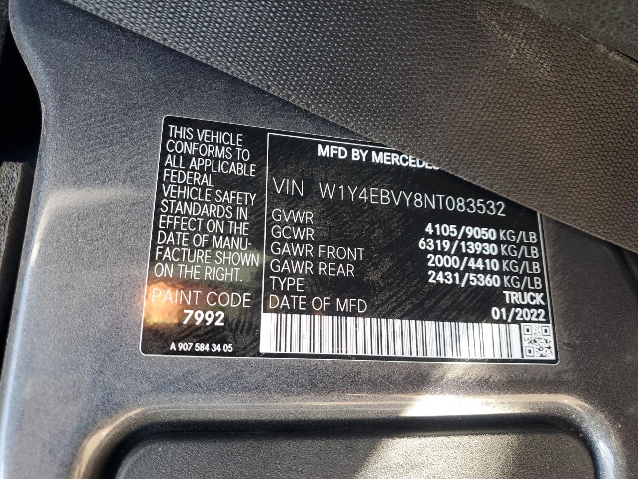 2022 Mercedes-Benz Sprinter 2500 VIN: W1Y4EBVY8NT083532 Lot: 54071275