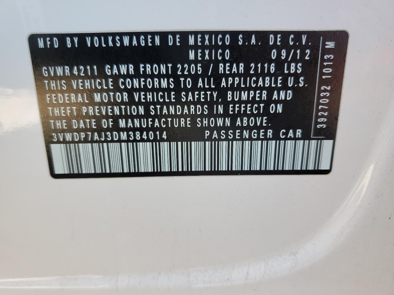 2013 Volkswagen Jetta Se VIN: 3VWDP7AJ3DM384014 Lot: 56207025